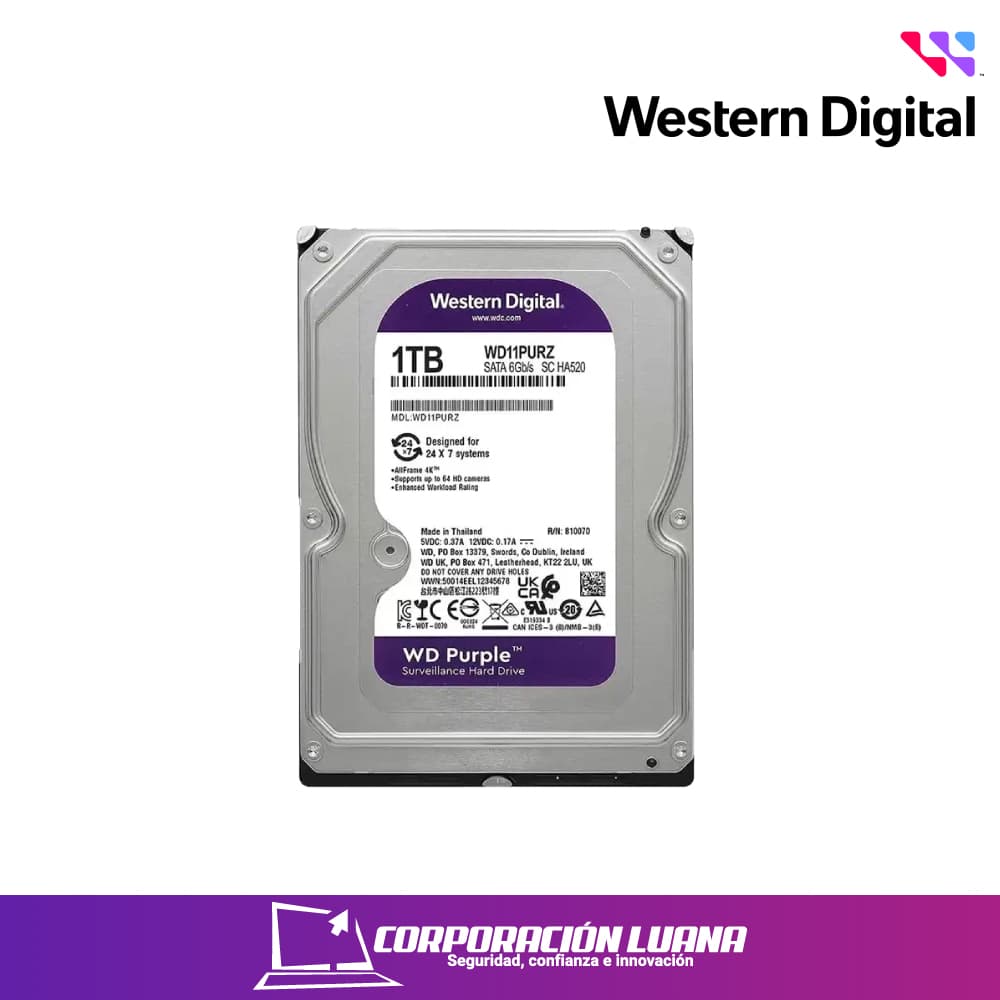 Foto del producto DISCO DURO WESTER DIGITAL PURPURA 1TB ( WD11PURZ ) VIGILANCIA | 64MB | 5400RPM
