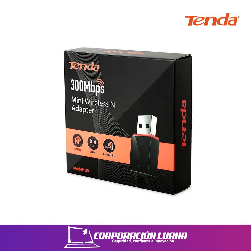 Foto del producto MINI ADAPTADOR INALAMBRICO TENDA 1 ANTENA INTERNO 3.5 DBI BANDA 2,4 GHZ VELOCIDAD 300 MBPS U3