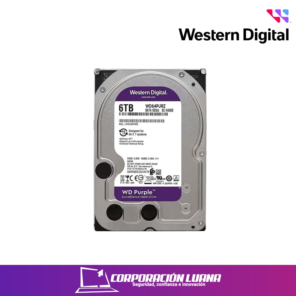 Foto del producto DISCO DURO WESTERN DIGITAL PURPURA SURVIELLANCE 6TB ( WD62PURZ ) 5400 RPM | SATA