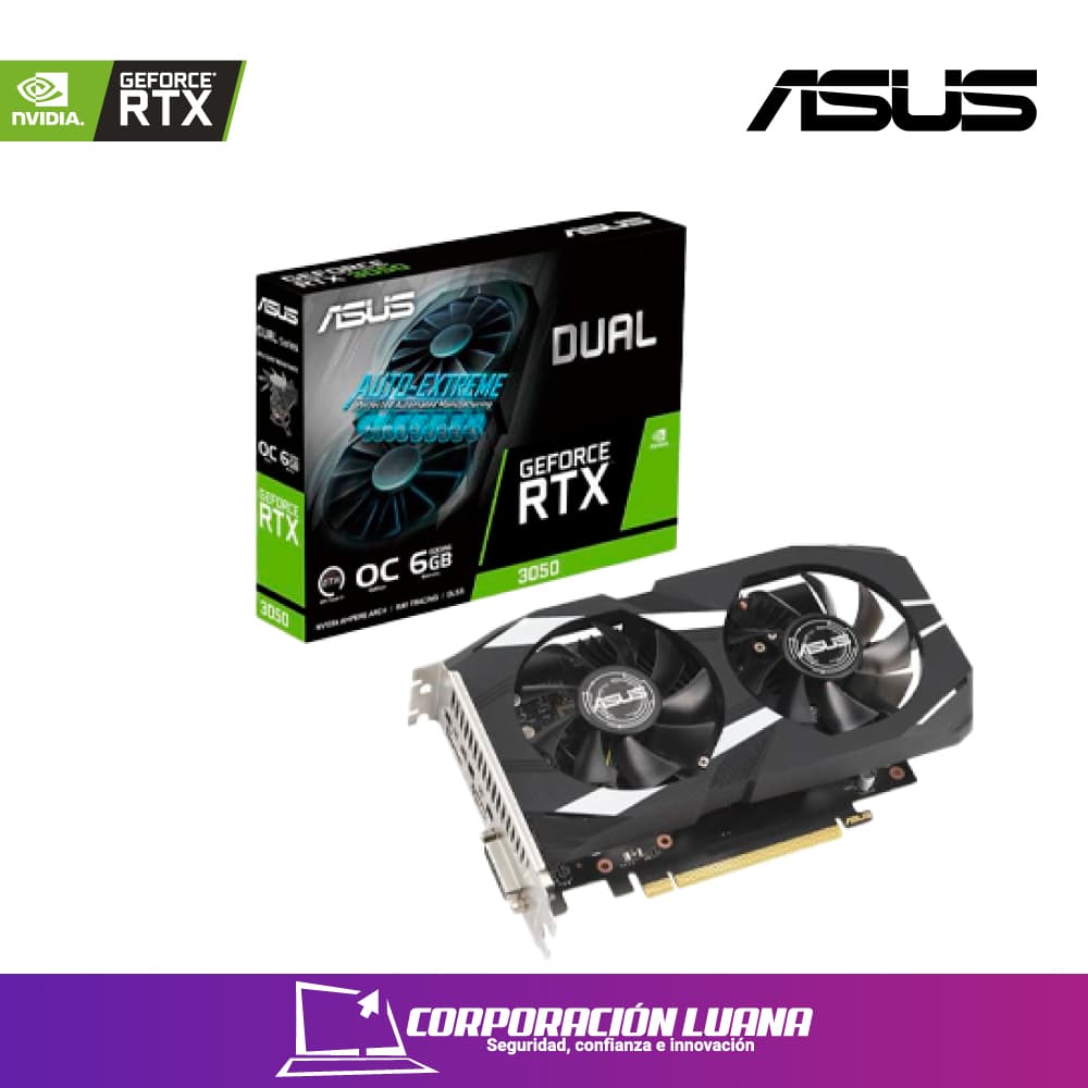 Foto del producto TARJETA DE VIDEO ASUS DUAL NVIDIA GEFORCE RTX 3050 X 6GB GDDR6 96 BIT, DISPLAYPORT X 1, HDMI 1, DVI 1605 90YV0K60-M0AA00