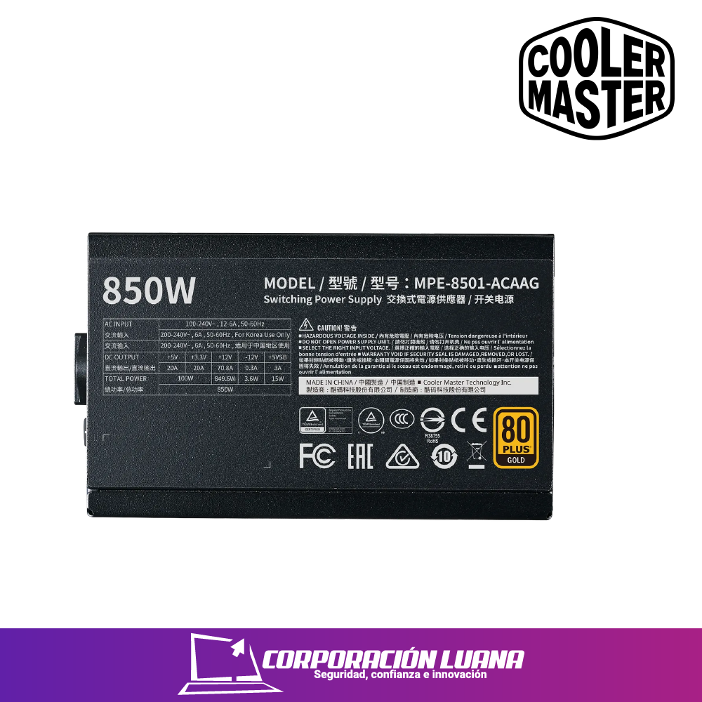 Imagen de FUENTE DE  PODER COOLER MASTER MWE GOLD V2 FM 850W 12VHPWR A/US (MPE-8501-AFAAG-3U2)  ATX 3.0 PCI 5.0