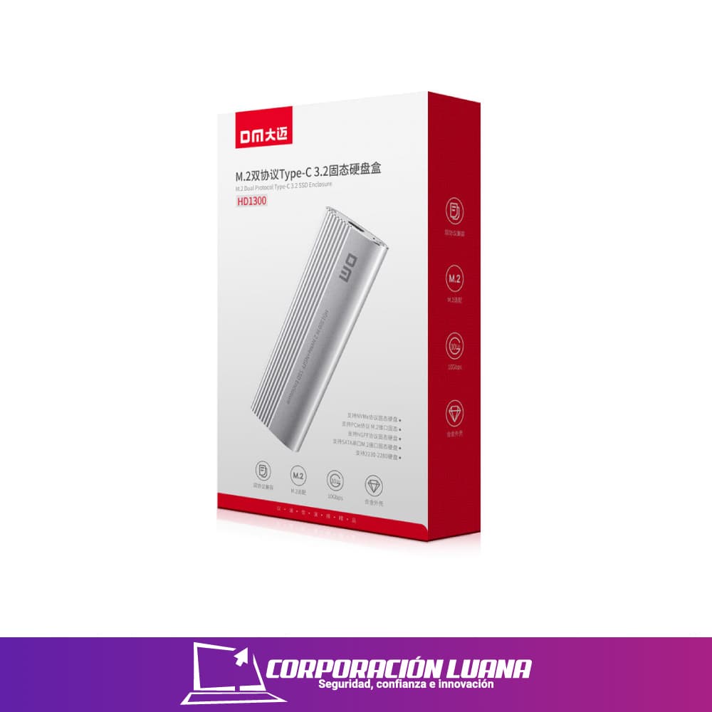 Foto del producto ENCLOSURE CASE  DM DUAL PROTOCOL M.2 NVME NGFF SSD 10GBPS USB3.2 & TYPE-C SOLID STATE HARD DISK BOX HD1300