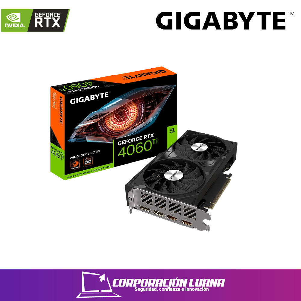 Foto del producto TARJETA DE VIDEO GIGABYTE 4060 TI WINDFORCE ( GV-N406TW2OC-8GD ) 8GB - GDDRX6 | X2 FAN | 2 DP - 2 HDMI