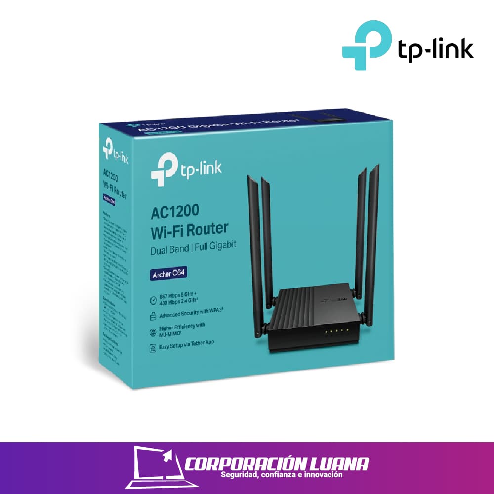 Foto del producto ROUTER INALAMBRICO TP-LINK ARCHER C64 AC1200 DOBLE BANDA WIFI 4 ANTENAS 2.4 GHZ / 5GHZ PUERTOS LAN  GIGABITE