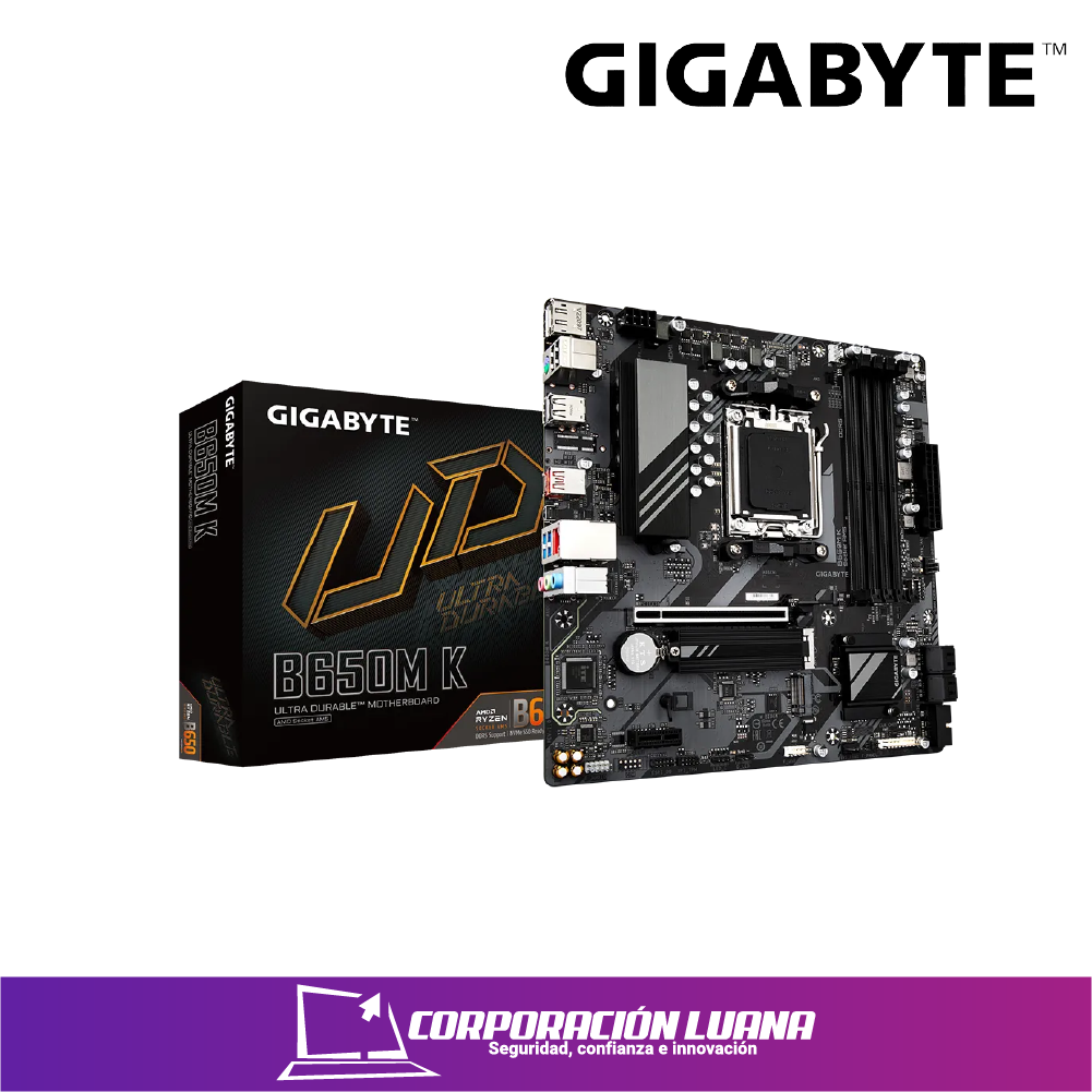 Foto del producto MOTHERBOARD GIGABYTE B650M K AM5  DDR5 PROCESADORES AMD RYZEN 9 / 8/7 / 5  4 RANURAS DDR5, LAN, SN/VD/NW, FORMATO MICRO-ATX ( B650M K )