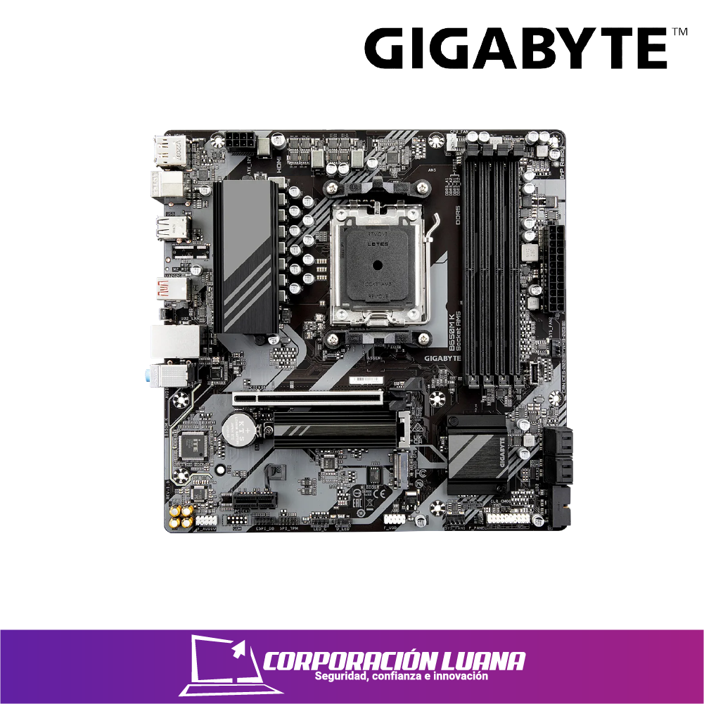 Imagen de MOTHERBOARD GIGABYTE B650M K AM5  DDR5 PROCESADORES AMD RYZEN 9 / 8/7 / 5  4 RANURAS DDR5, LAN, SN/VD/NW, FORMATO MICRO-ATX ( B650M K )