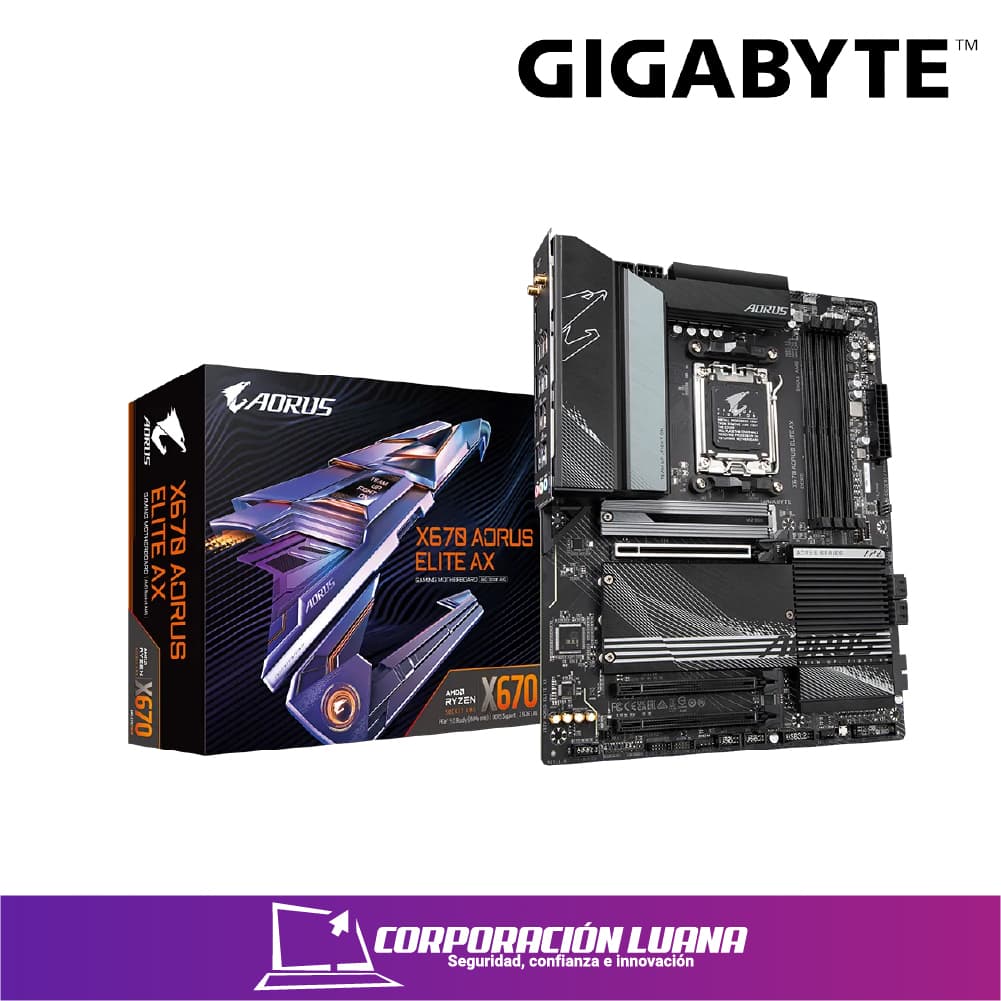 Foto del producto MOTHERBOARD GIGABYTE X670 AORUS ELITE AX, CHIPSET AMD X670, SOCKET AMD AM5, ATX SOPORTA PROCESADORES AMD RYZEN 7000/9000 SERIES (RJ-45), WLAN AMD WI-F