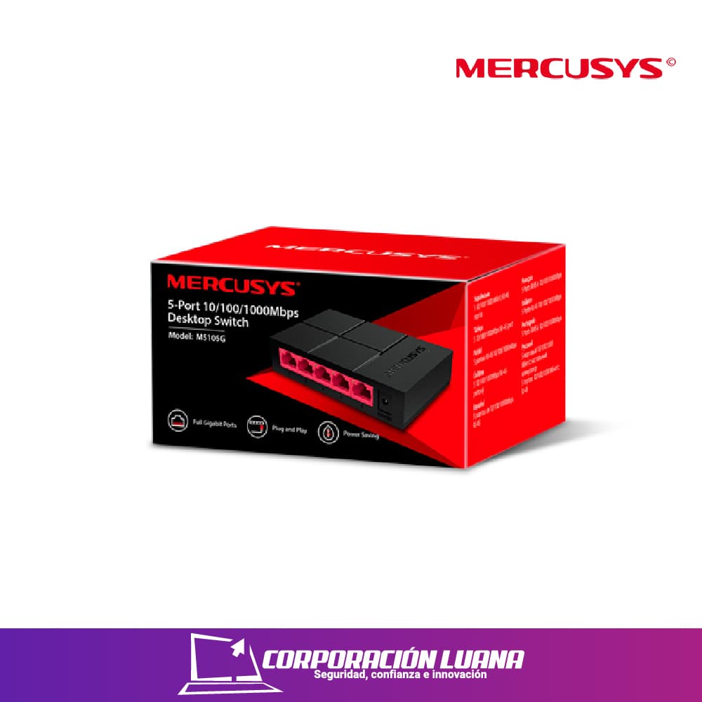 Foto del producto SWITCH MERCUSYS 5 PUERTOS ( MR-MS105G ) 10/100/100 MBPS | NEGRO C/ROJO