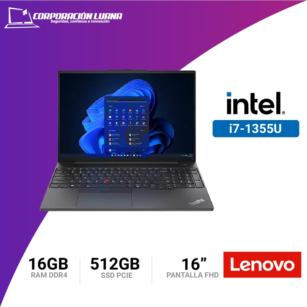 Foto del producto LAPTOP LENOVO THINKPAD E16 GEN 1 INTEL I7 1355U ( 21Q000MLM ) RAM 16GB DDR4 | SSD 512GB | 16" FHD IPS | WINDOWS 11 PRO