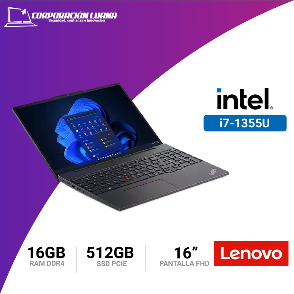 Imagen de LAPTOP LENOVO THINKPAD E16 GEN 1 INTEL I7 1355U ( 21Q000MLM ) RAM 16GB DDR4 | SSD 512GB | 16" FHD IPS | WINDOWS 11 PRO