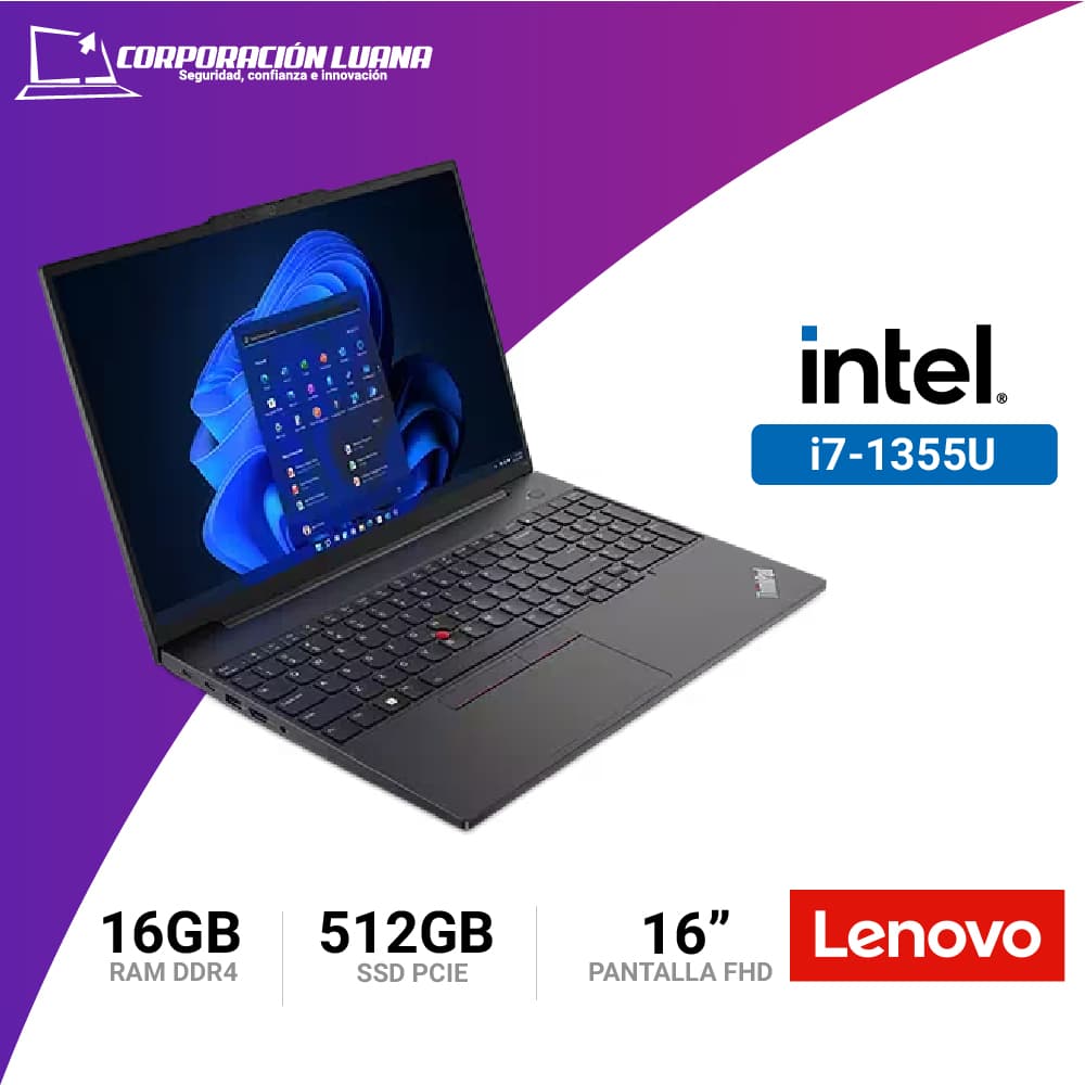 Imagen de LAPTOP LENOVO THINKPAD E16 GEN 1 INTEL I7 1355U ( 21Q000MLM ) RAM 16GB DDR4 | SSD 512GB | 16" FHD IPS | WINDOWS 11 PRO