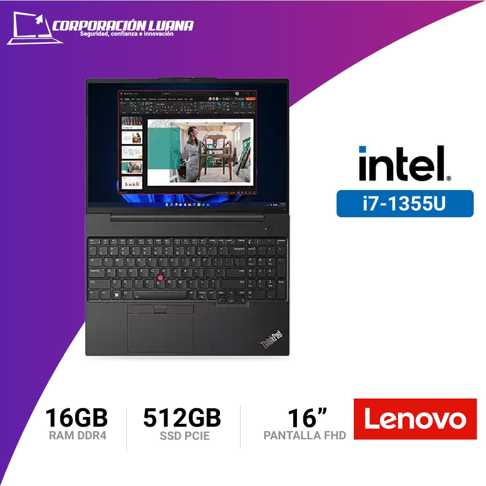 Imagen de LAPTOP LENOVO THINKPAD E16 GEN 1 INTEL I7 1355U ( 21Q000MLM ) RAM 16GB DDR4 | SSD 512GB | 16" FHD IPS | WINDOWS 11 PRO