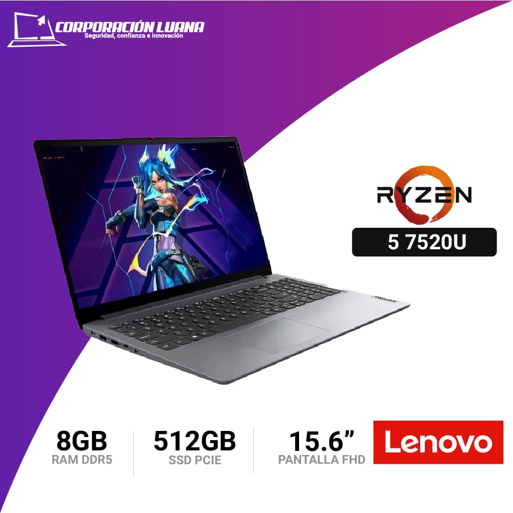 Imagen de LAPTOP LENOVO  IDEAPAD 1 RYZEN 5 7520U ( 15AMN7 ) RAM 8GB DDR5 | SSD 512GB | 15.6" FHD | FREE OS