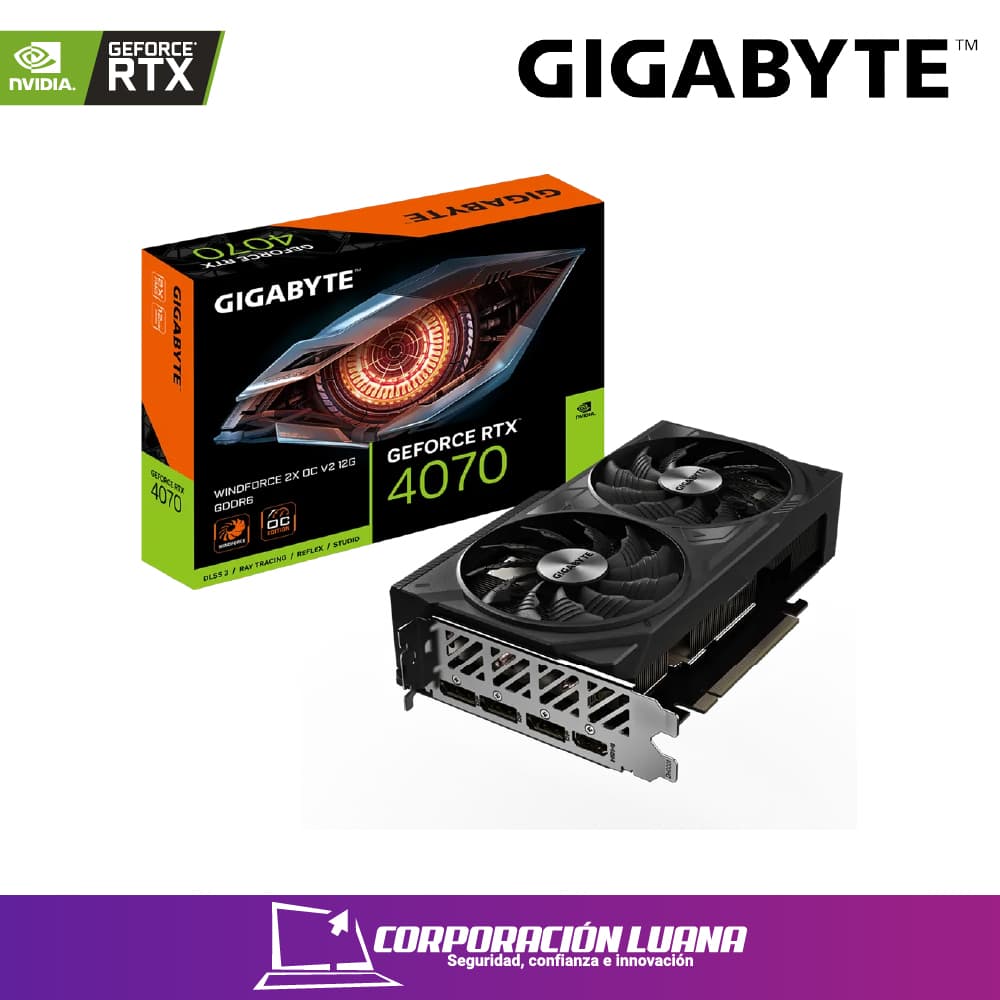 Foto del producto TARJETA DE VIDEO GIGABYTE RTX 4070 WINDFORCE ( GV-N4070WF2OCV2-12GD ) 12GB - GDDR6 | X2 FAN | X3 DP - 1 HDMI | 192 BIT