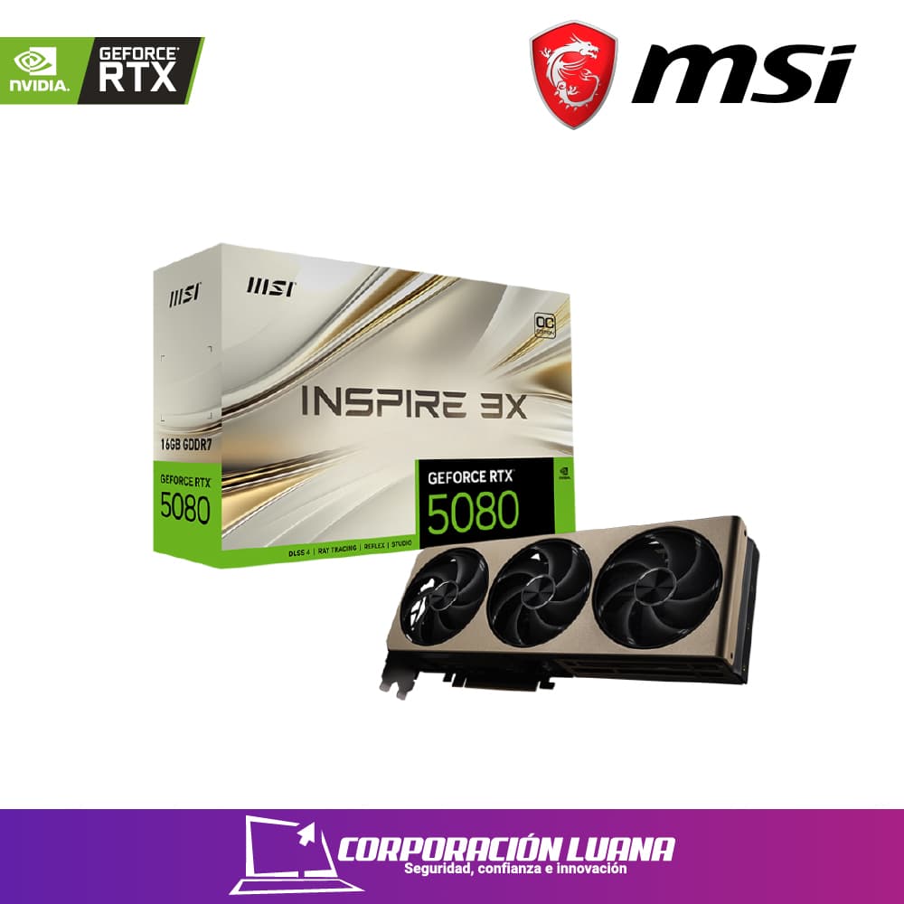 Imagen de TARJETA DE VIDEO MSI RTX 5080 INSPIRE 3X OC ( 912-V531-203 ) 16GB - GDDR7 | X3 FAN | 3X DP 1 HDMI