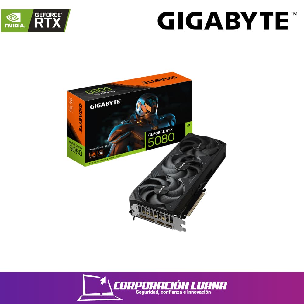 Foto del producto TARJETA DE VIDEO GIGABYTE RTX 5080 WINDFORCE OC ( GV-N5080WF3 ) 16GB GDDR7 | DLSS 4 | X3 FAN | X3 DP - 1 HDMI