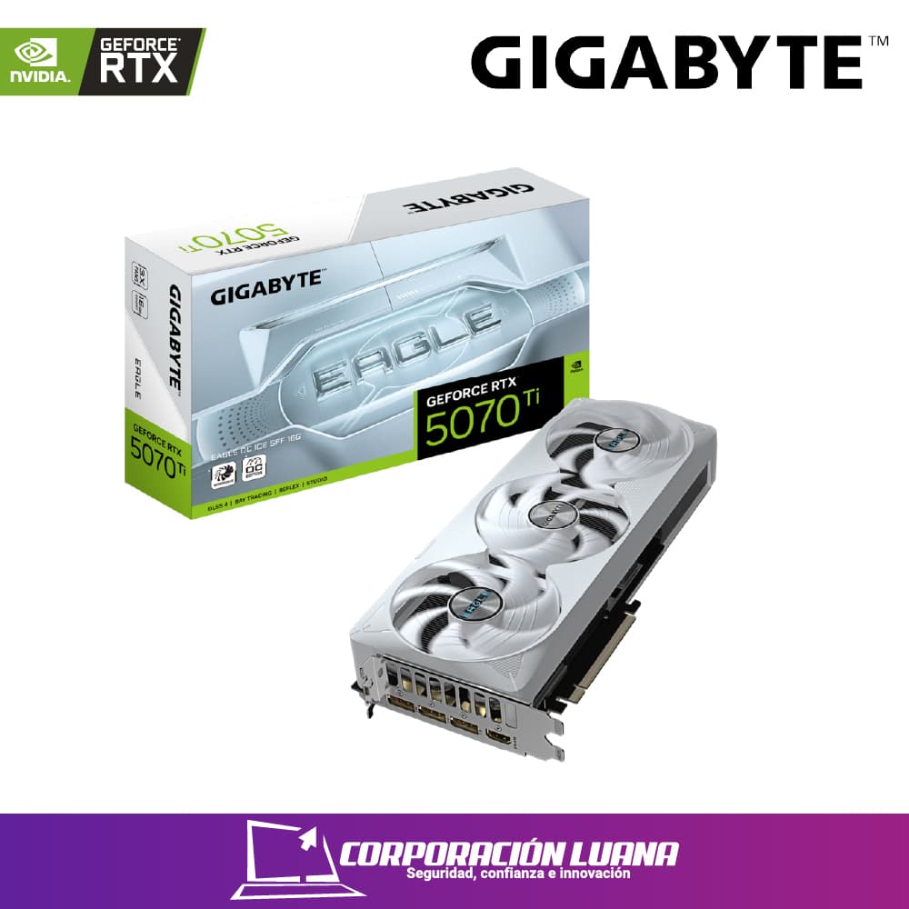 Foto del producto TARJETA DE VIDEO GIGABYTE RTX 5070 TI EAGLE OC ICE SFF ( GV-N507TEAGLEOC ICE-16GD ) 16GB - GDDR7 | X3 FAN | X3 DP - 1 HDMI | 256 BIT