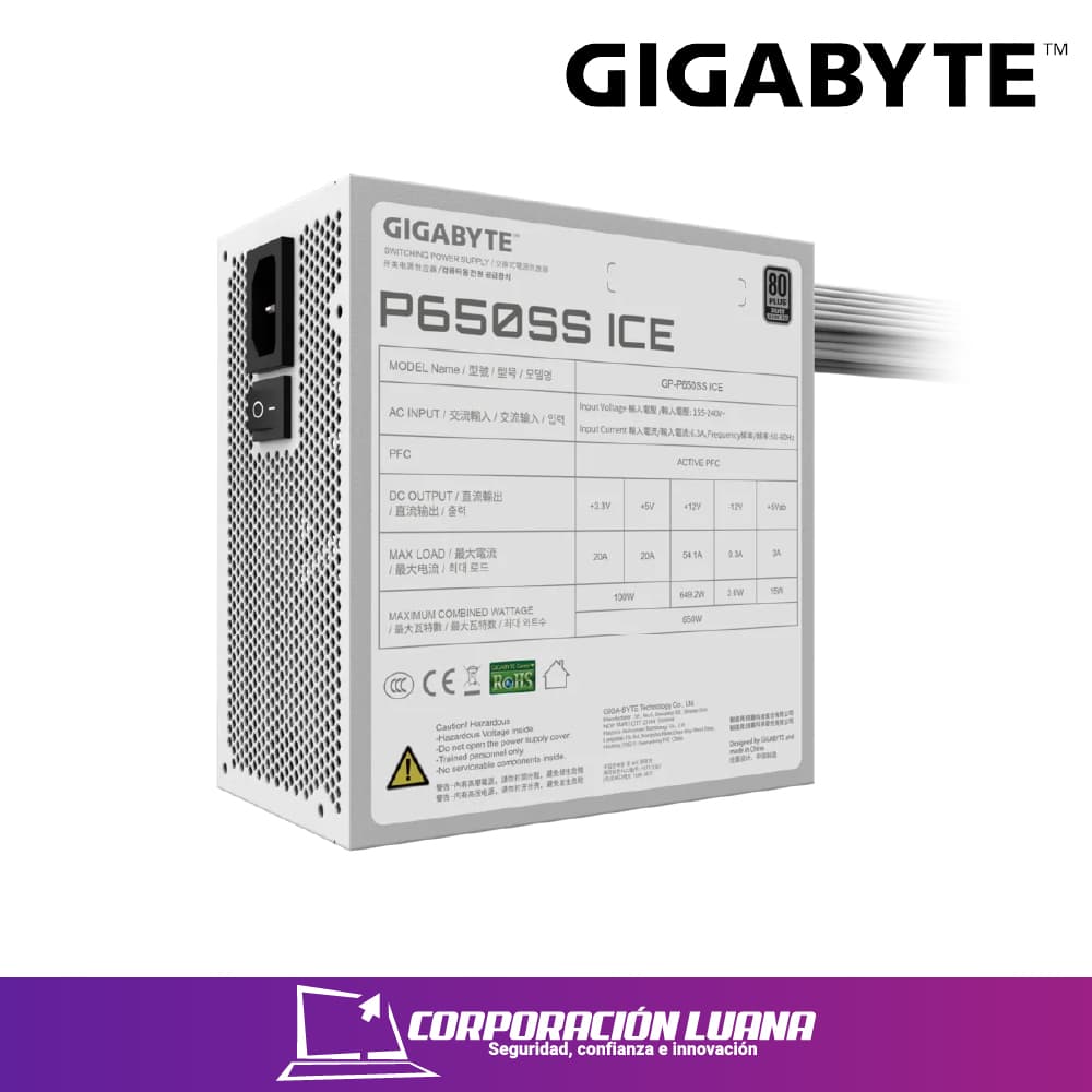 Imagen de FUENTE DE PODER GIGABYTE P650SS ICE 650W ( GP-P650SS ICE ) 80 PLUS SILVER | BLANCA