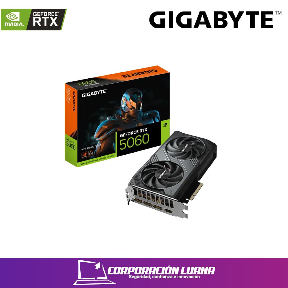 Imagen de TARJETA DE VIDEO GIGABYTE RTX 5060 WINDFORCE OC ( GV-N5060WF2OC-8GD ) 8GB - GDDR7 | X2 FANES | DLSS4 | 3 DP - HDMI | 128 BIT