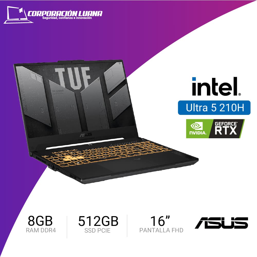 Imagen de LAPTOP ASUS TUF GAMING F16 INTEL CORE 5 210H ( FX607VJ-RLO11W ) RAM 8GB DDR4 | SSD 512GB | 16" FHD+ 144HZ | RTX 3050 6GB | WIN 11 HOME