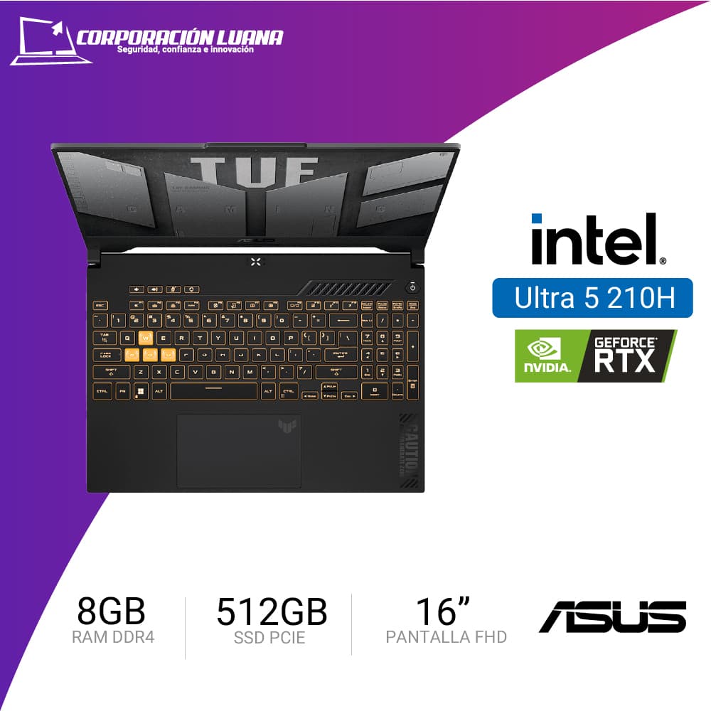 Imagen de LAPTOP ASUS TUF GAMING F16 INTEL CORE 5 210H ( FX607VJ-RLO11W ) RAM 8GB DDR4 | SSD 512GB | 16" FHD+ 144HZ | RTX 3050 6GB | WIN 11 HOME