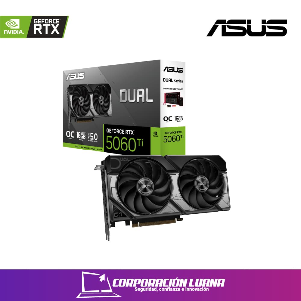 Foto del producto TARJETA DE VIDEO ASUS RTX 5060 TI DUAL ( 90YV0MH0-M0AA00 ) 16GB - GDDR7 | 128BIT | DLSS 4 | X2 FAN |  HDMI - X3 DP