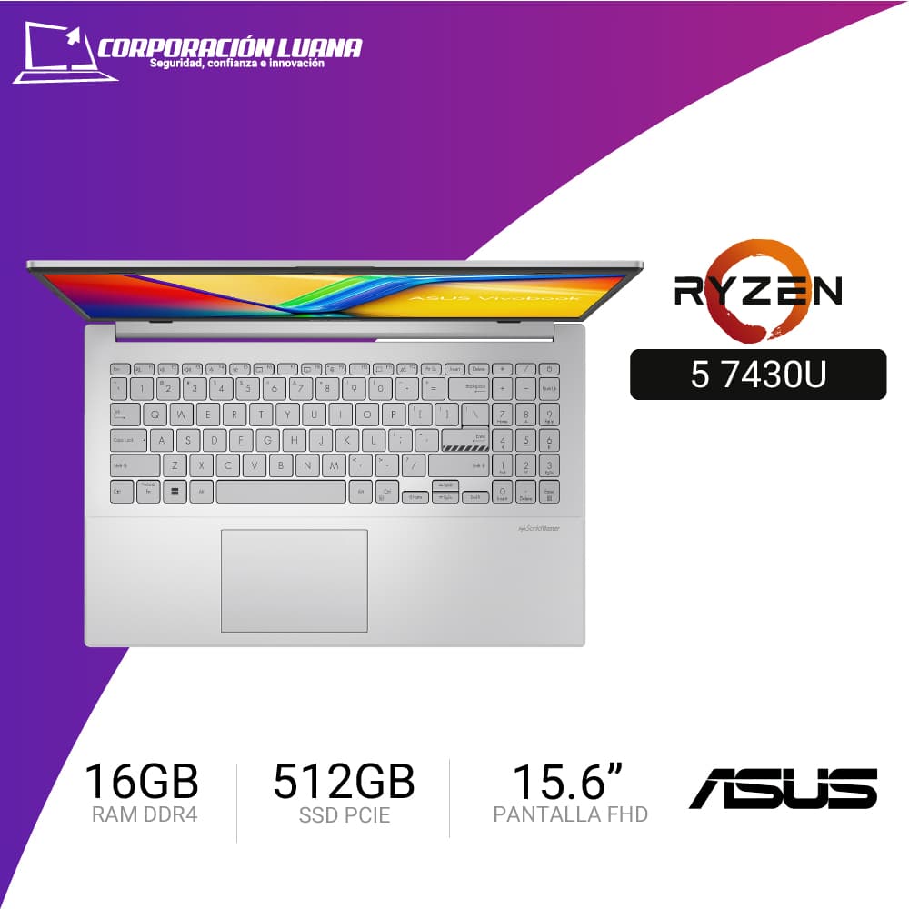 LAPTOP ASUS VIVOBOOK 15 AMD RYZEN 5 7430U ( M1502YA-NJ544 ) RAM 16GB DDR4 | SSD 512GB | 15.6" FHD | FREE OS