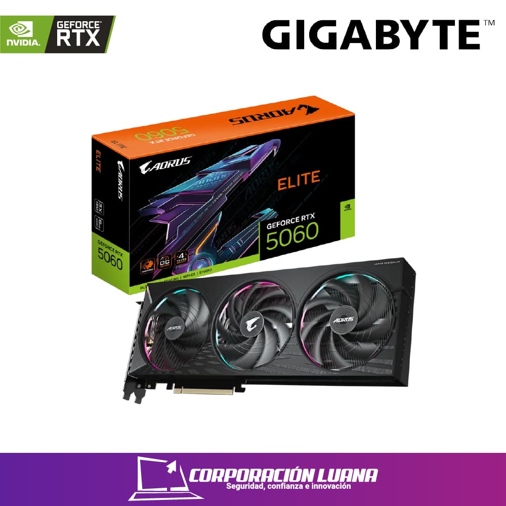 TARJETA DE VIDEO AORUS RTX 5060 ELITE ( GV-N5060AORUS E-8GD ) 8GB - GDDR7 | X3 FANES | DLSS4 | 128BIT | X3 DP - HDMI | LED RGB HALO