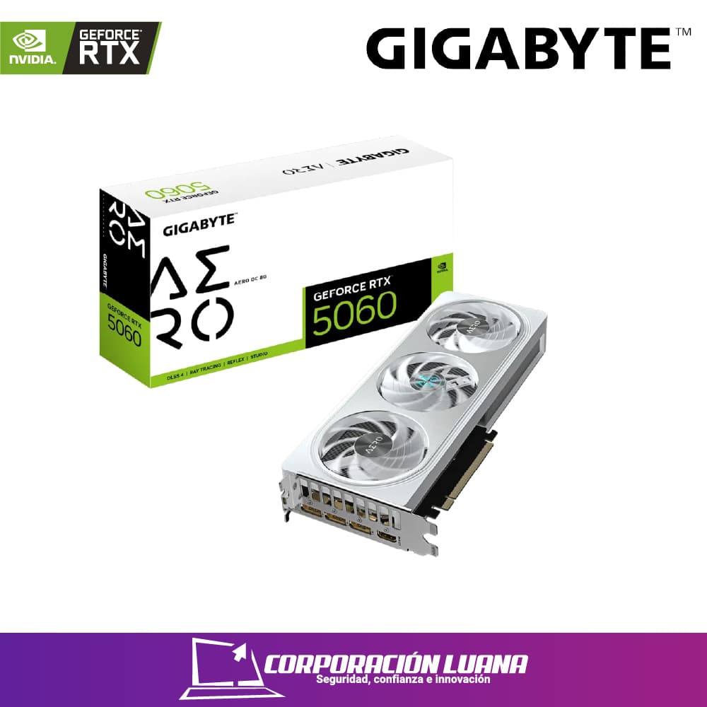 TARJETA DE VIDEO AORUS RTX 5060 AERO OC ( GV-N5060AERO OC-8GD ) 8GB - GDDR7 | X3 FANES | DLSS4 | 128BIT | X3 DP - HDMI | RGB