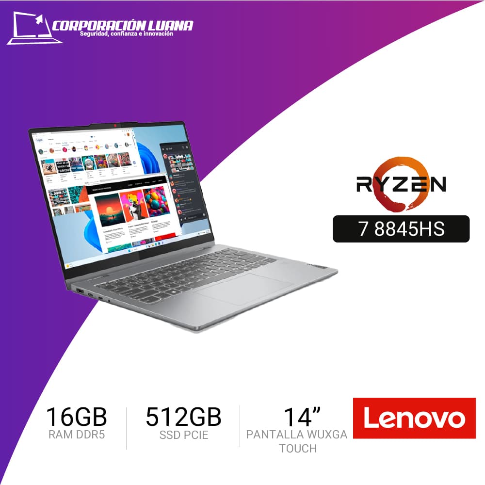 LAPTOP LENOVO IDEAPAD 5 14AHP9 AMD RYZEN 7 8845HS ( 83DR005ULM ) RAM 16GB DDR5 | SSD 512GB | 14" WUXGA TOUCH SCREEN | FREE OS