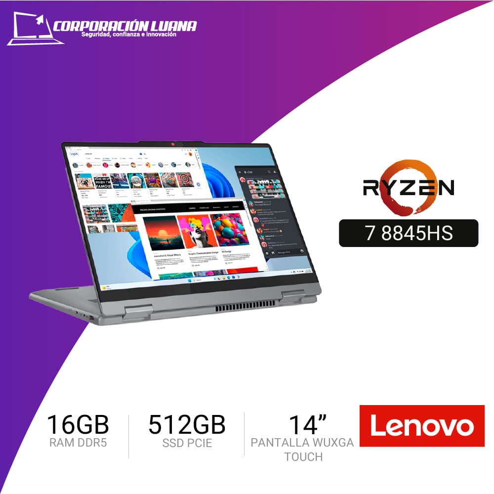 LAPTOP LENOVO IDEAPAD 5 14AHP9 AMD RYZEN 7 8845HS ( 83DR005ULM ) RAM 16GB DDR5 | SSD 512GB | 14" WUXGA TOUCH SCREEN | FREE OS