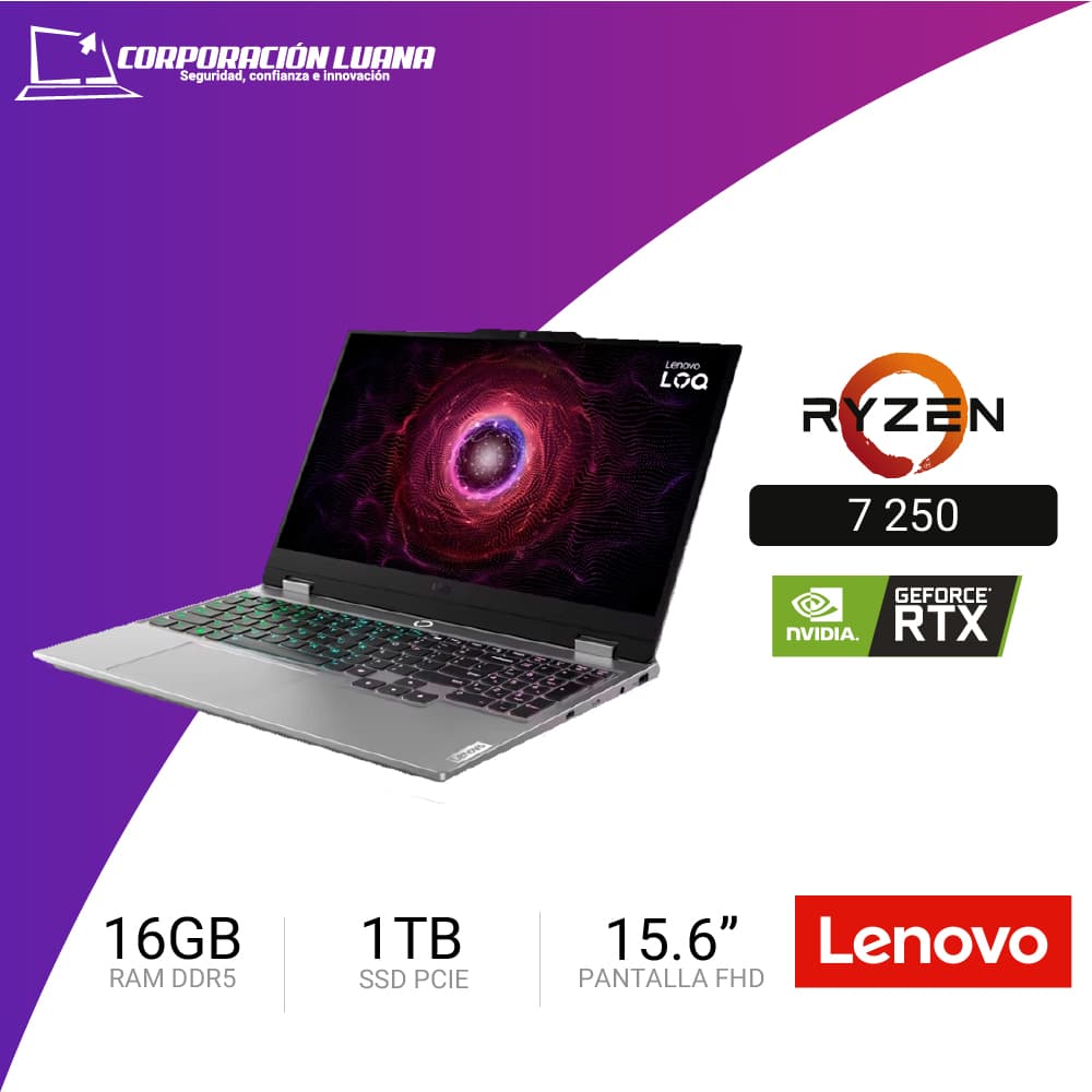 LAPTOP LENOVO LOQ 15ARP10 AMD RYZEN 7 250 ( 83JG00BDLM ) RAM 16GB DDR5 | SSD 1TB | PANTALLA 15.6 FHD | RTX 5060 8GB | FREEDOS