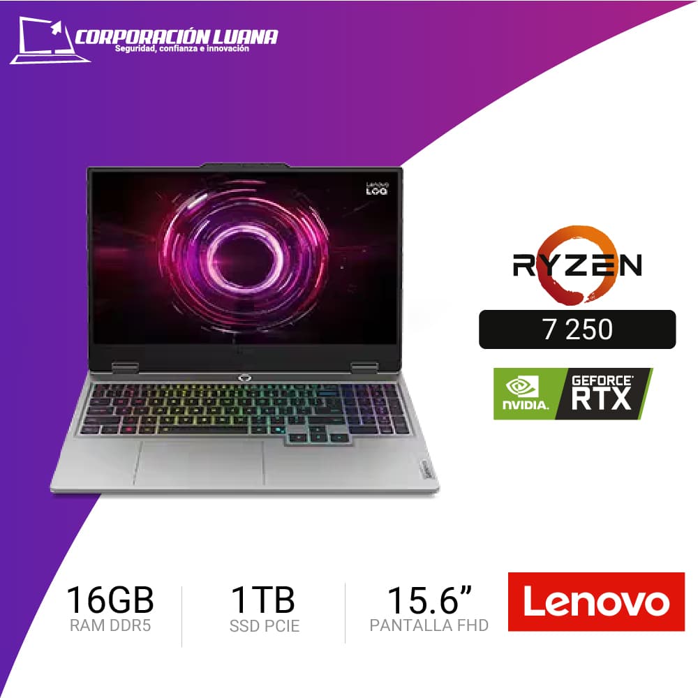 LAPTOP LENOVO LOQ 15ARP10 AMD RYZEN 7 250 ( 83JG00BDLM ) RAM 16GB DDR5 | SSD 1TB | PANTALLA 15.6 FHD | RTX 5060 8GB | FREEDOS