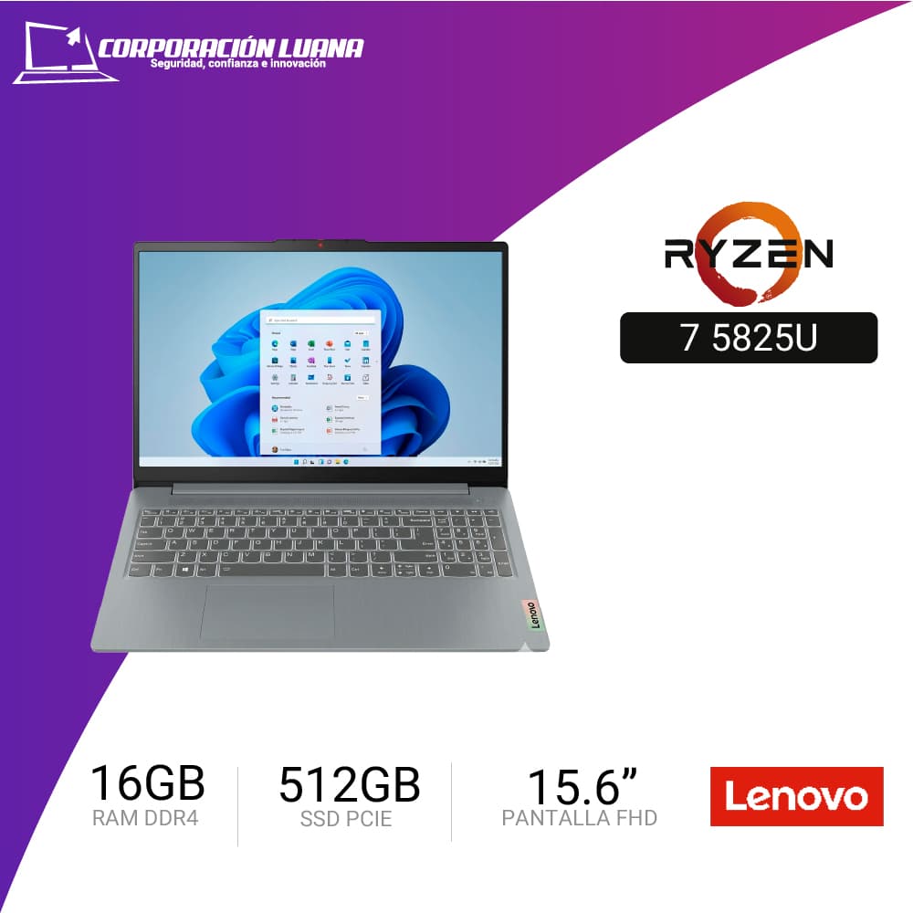 LAPTOP LENOVO IDEAPAD SLIM 3 15ABR8 AMD RYZEN 7 5825U ( 82XM00LMUS ) RAM 16GB DDR4 | SSD 512GB | 15.6" FHD | INTEGRADA | WINDOWS 11 HOME