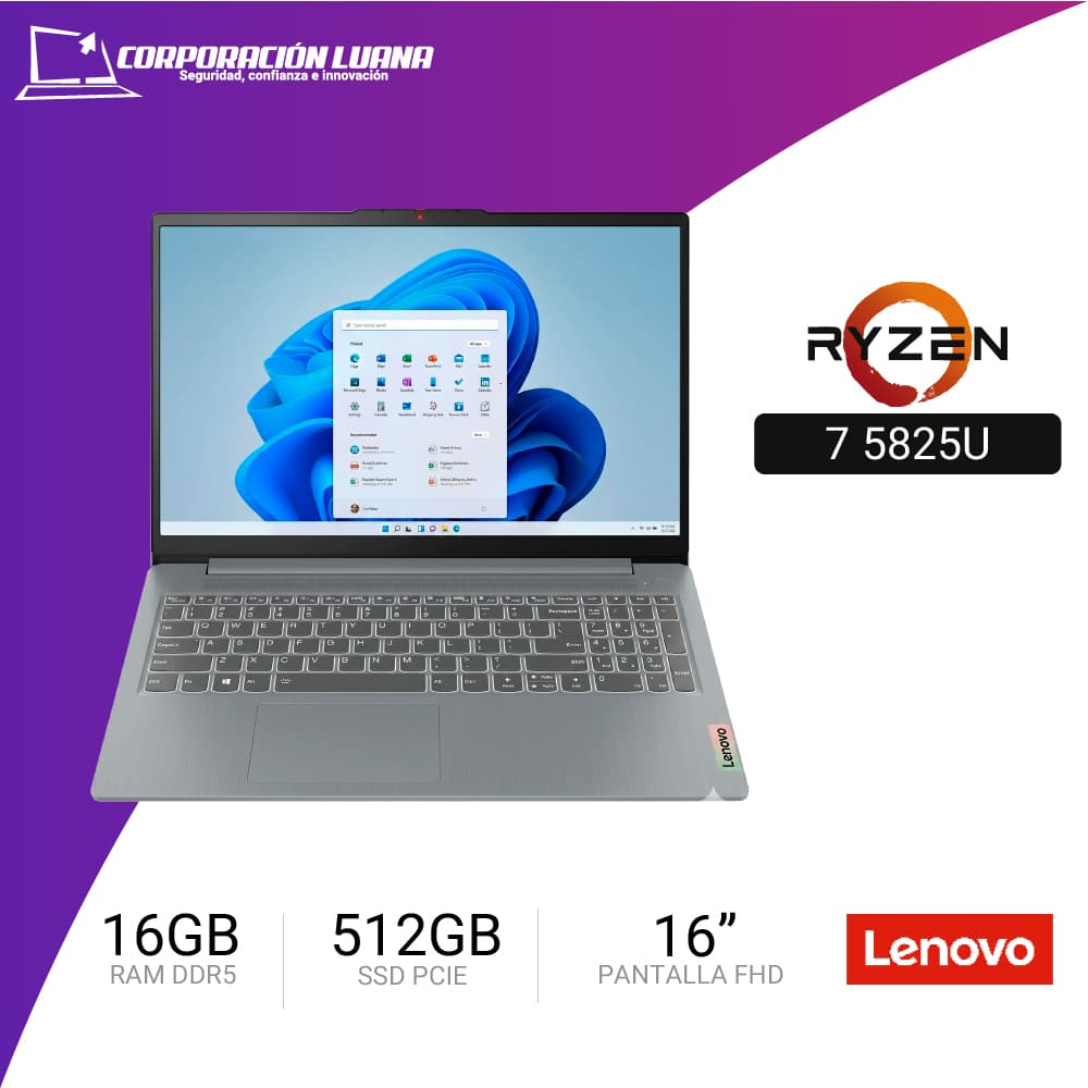 LAPTOP LENOVO IDEAPAD SLIM 3 15ABR8 AMD RYZEN 7 5825U ( 82XM00LMUS ) RAM 16GB DDR4 | SSD 512GB | 15.6" FHD | INTEGRADA | WINDOWS 11 HOME