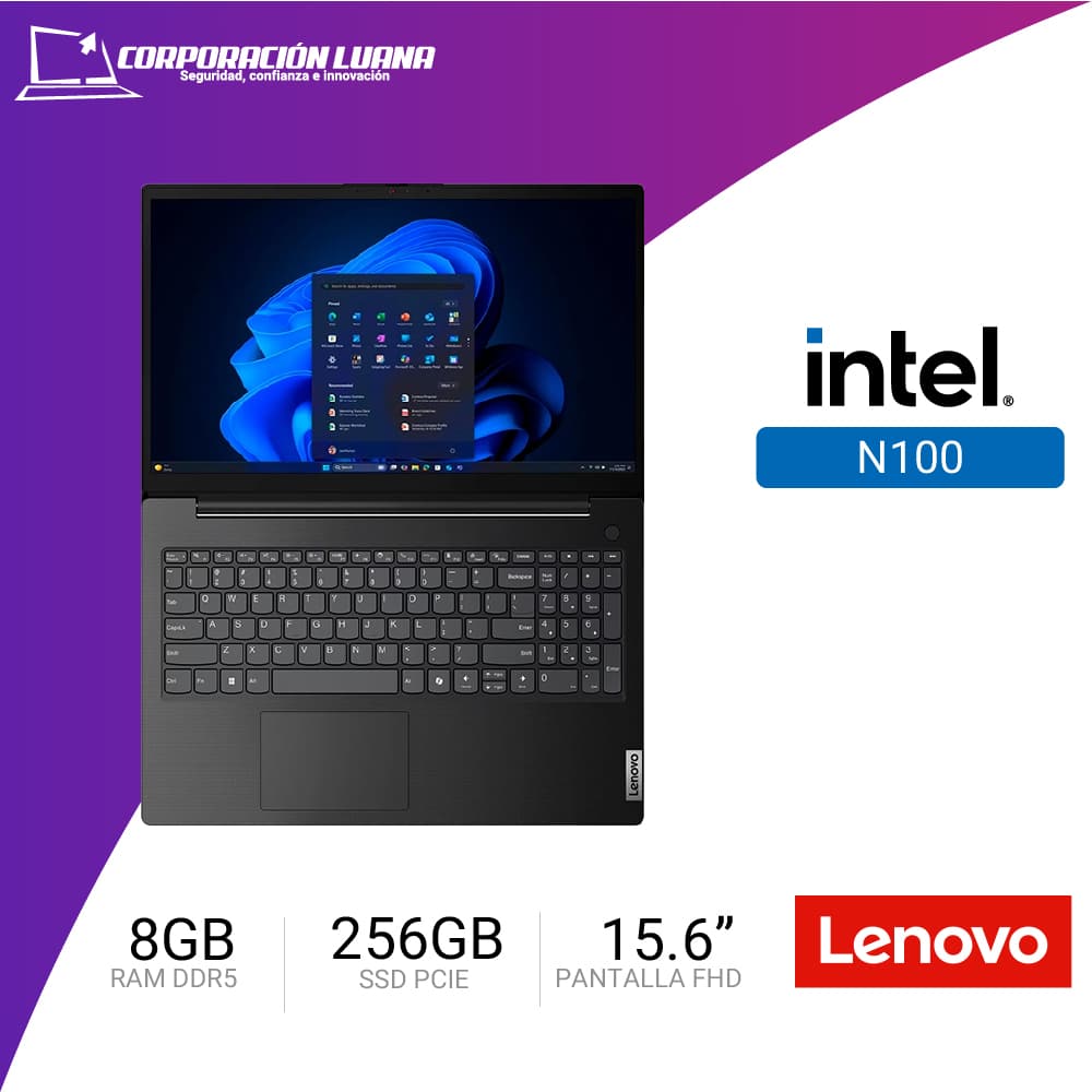 LAPTOP LENOVO V15 G6 ITN INTEL N100 ( 83M40016LD ) 8GB RAM DDR 5 | SSD 256GB | 15.6" FHD | INTEGRADA | FREE OS | NEGRO
