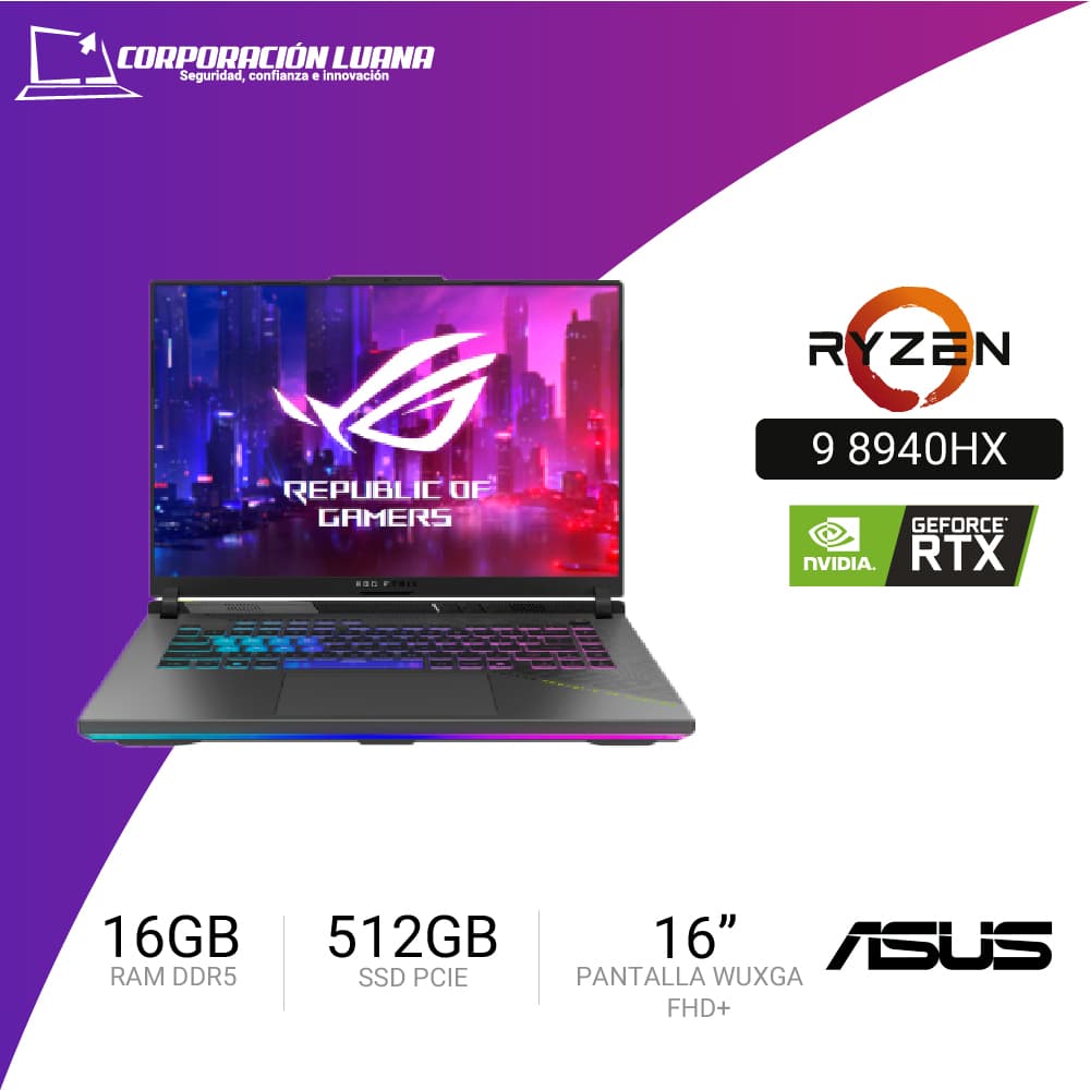 LAPTOP ASUS ROG STRIX G16 RYZEN 9 8940HX ( G614PM-RV221W ) RAM 16GB DDR5 | SSD 512GB | 16" WUXGA 165HZ | RTX 5060 8GB | WINDOWS 11