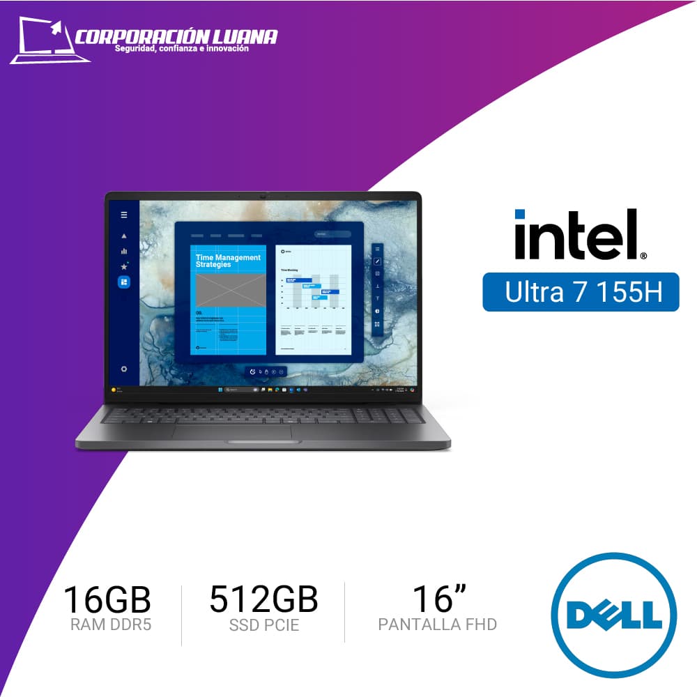 LAPTOP DELL PRO 16 INTEL ULTRA 7 ( PC16250 ) RAM 16GB DDR5 | SSD 512GB | 16" FHD | INTEGRADO | WINDOWS 11 PRO